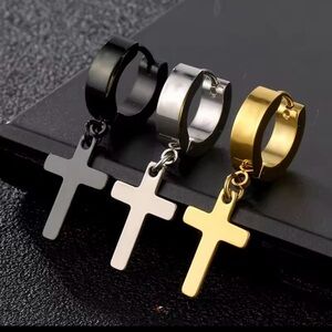 Trio of Cross Hoop Earrings in Black, Silver, and Gold pair